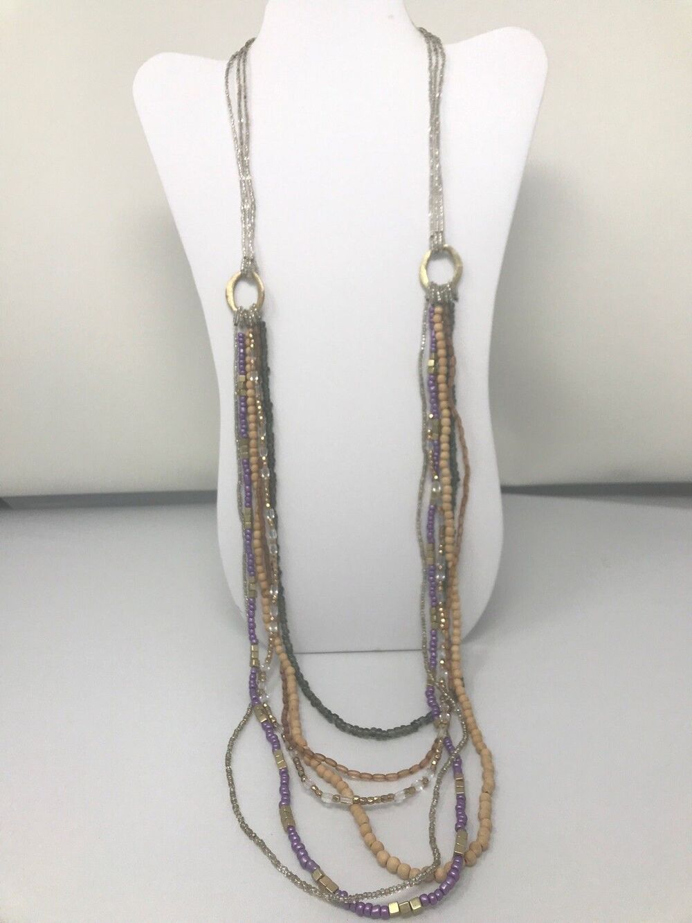 COLDWATER CREEK Necklace Multi Strand Layer Beads Beaded Purple Gray Tan Clear